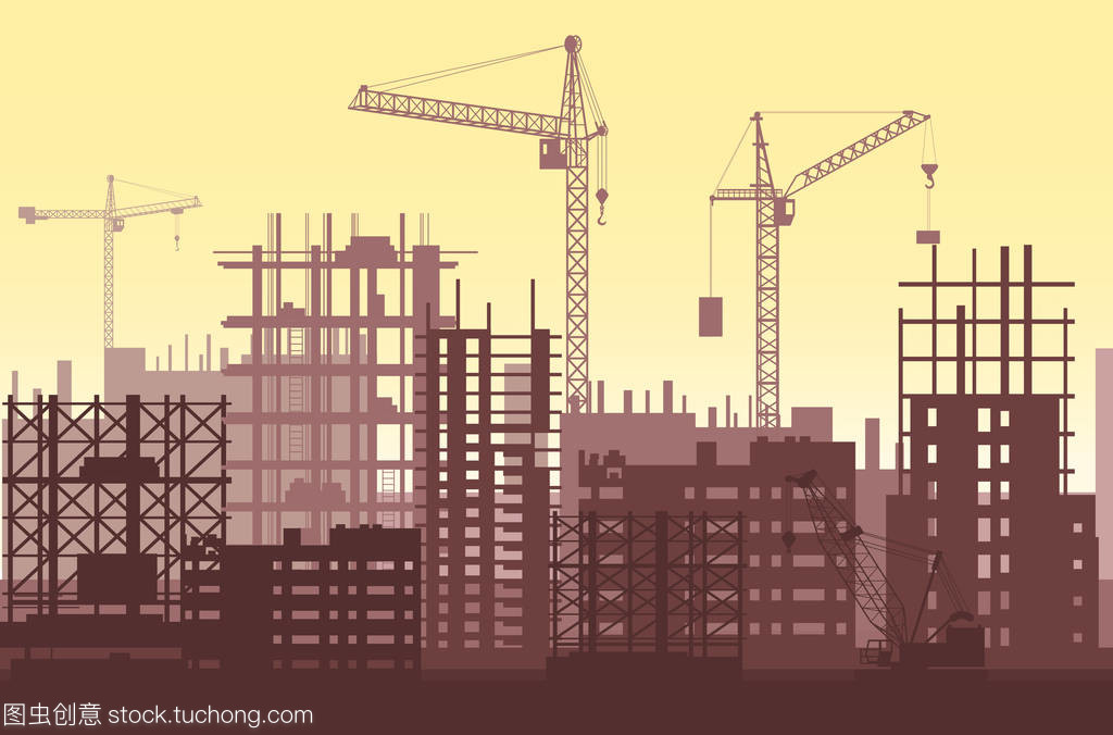 房屋建筑施工过程中。城市建筑工地起重机与摩天大楼